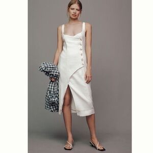 NWT Anthropologie Sleeveless Square Neck Linen Button Wrap Midi Dress White
